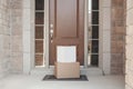 Contactless delivery service for online order. Cardboard boxes lying on porch by front home door. Contact free delivery for self- Royalty Free Stock Photo