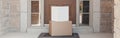 Contactless delivery service for online order. Cardboard boxes lying on a porch by front home door. Contact free delivery for self Royalty Free Stock Photo