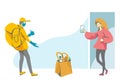 Contactless delivery vector illustration. Scene with courier, food bag and woman