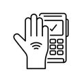 Contactless hand payment with implanted chip signal. Linear icon of modern high technology. Black illustration of pos credit card