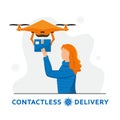Contactless home delivery. Drone delivery concept. Red-haired girl holds out her hands to a quadrocopter. Remote air drone with a