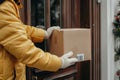 Contactless home delivery. hands holding and delivering parcel next to front door