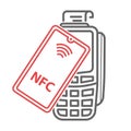 Contactless NFC payment method by mobile application via payment terminal. Linear style, empty outline