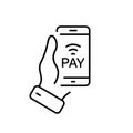 Contactless Pay Technology in Mobile Phone Line Icon. Digital Banking Service in Cellphone Pictogram. Hand Hold Royalty Free Stock Photo