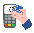 Contactless wireless cashless payment. Hands paying with bank debit credit card and POS terminal Royalty Free Stock Photo