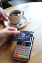 Contactless payment card pdq background copy space with hand holding credit card to pay Royalty Free Stock Photo