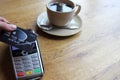 Contactless payment card pdq background copy space with hand holding credit card to pay