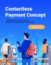 Contactless payment concept people using digital devices at self-service kiosks modern technology blue background web Royalty Free Stock Photo