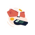Contactless payment with hand smart watches and POS terminal. Person paying cashless with smartwatches on wrist. Buying Royalty Free Stock Photo