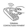 Contactless payment line icon vector hand brings a bank card to the payment terminal