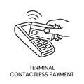 Contactless payment line icon vector hand brings a bank card to the payment terminal