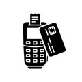 Contactless Payment on POS Silhouette Icon. Tap Bank Card to Terminal for Wireless Transaction NFC Technology Glyph