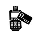 Contactless Payment on POS Silhouette Icon. Tap Bank Card to Terminal for Wireless Transaction NFC Technology Glyph