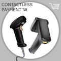 Contactless payment. POS terminal, MSR, EMV, NFC. Laser barcode price smartphone scanner. Wireless payment