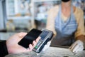 Contactless payment with smartphone, coffee shop open after lockdown.