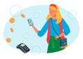 Contactless payment by terminal, vector illustration, finance money device, flat woman character use smartphone for