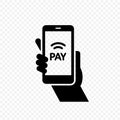 Contactless payment using smartphone icon. Mobile phone in hand with pay symbol. Vector EPS 10 Royalty Free Stock Photo