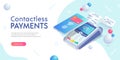 Contactless payment via smartphone isometric abstract banner concept. 3d payment machine, mobile phone with credit card,