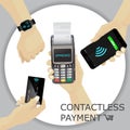 Contactless payments set. POS terminal, smartphone, credit card, smartwatch. Hand holding device.