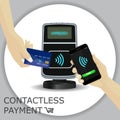 Contactless payments set. Wireless payment POS terminal, smartphone, credit card. Hand holding device. NFC, Credit Card payments.