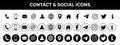 Contacts vector icons, social icons in black color flat style. Vector icons with round and square strokes. Icons for your design