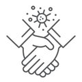 Contagion handshake thin line icon, virus and protection, covid 19 sign, vector graphics, a linear pattern on a white