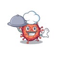 Contagious corona virus as a chef cartoon character with food on tray