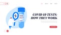 Contagious Disease, Coronavirus Infection Test Landing Page Template. Tiny Nurse or Doctor Character with Glass