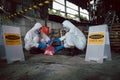 Contain Chemical Spill to Red Garbage Bags After Absorb, Part of Steps for Dealing with Chemical Spillage, Spill Cleanup