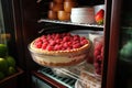 Container with berry pie in the refrigerator. Frozen semi-finished baked goods with juicy berries and cream for long