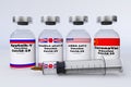 Container bottles with american, chinese,russia and british vaccine mRNA-1273, chadox1 ncov-19,sputnik-v,coronavac in the treatme