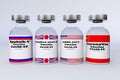 Container bottles with american, chinese,russia and british vaccine mRNA-1273, chadox1 ncov-19,sputnik-v,coronavac in the treatme