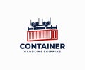 Container box handling logo design. Shore crane loading vector design