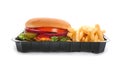 Container with burger and French fries on white. Traditional American food Royalty Free Stock Photo