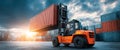 Container Cargo Freight Ship in Logistics Yard With Forklift Loading Cargo at Sunset Royalty Free Stock Photo