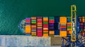 Container cargo freight ship with working crane bridge discharge at container terminal, Aerial top view container ship at deep sea