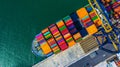 Container cargo freight ship with working crane bridge discharge at container terminal, Aerial top view container ship at deep sea