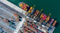 Container cargo freight ship with working crane bridge discharge at container terminal, Aerial top view container ship at deep sea