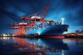 Container Cargo freight ship with working crane bridge at night, Container Cargo freight ship with working crane bridge in the sea