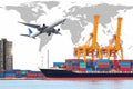 Container cargo freight ship with working crane loading bridge Royalty Free Stock Photo