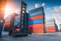 Container Cargo Port Ship Yard Storage Handling of Logistic Transportation Industry. Row of Stacking Containers of Freight Import/