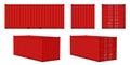 Container cargo. Red container front, side and perspective view, transportation delivery freight, international logistic