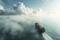 Container Cargo Ship Amongst Clouds and Calm Sea at Dawn Royalty Free Stock Photo