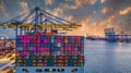 Container cargo ship at industry sea port, import export commerce global business trade logistic and transportation oversea Royalty Free Stock Photo