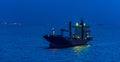 Container cargo ship with navigation lights anchored in outer anchorage of Singapore at night