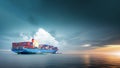 Container cargo ship in ocean at sunset dramatic sky background with copy space, Nautical vessel and sea freight shipping Royalty Free Stock Photo