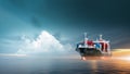 Container cargo ship in ocean at sunset dramatic sky background with copy space, Nautical vessel and sea freight shipping Royalty Free Stock Photo