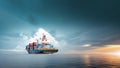 Container cargo ship in ocean at sunset dramatic sky background with copy space, Nautical vessel and sea freight shipping Royalty Free Stock Photo