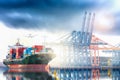 Container Cargo ship and Cargo plane with working crane bridge in seaport , logistic import export background Royalty Free Stock Photo