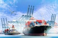 Container Cargo ship with ports crane bridge in harbor and Cargo plane Royalty Free Stock Photo